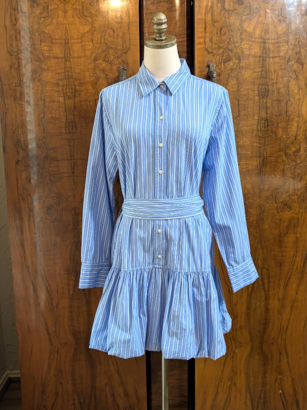 NWT FREE ASSEMBLY Blue White Striped Shirt Dress L Bubble Hem Tie Waist Preppy